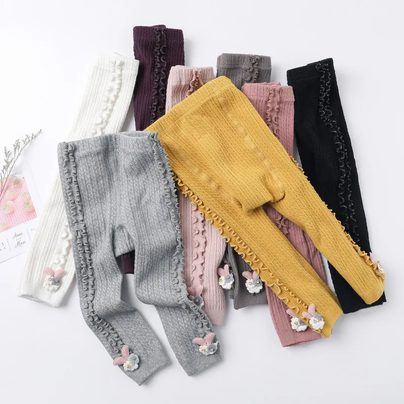 Wholesale Fashion Side Ruffle Pants Cute Rabbit Accessory Soft Cotton Knits Girls Kids Leggings