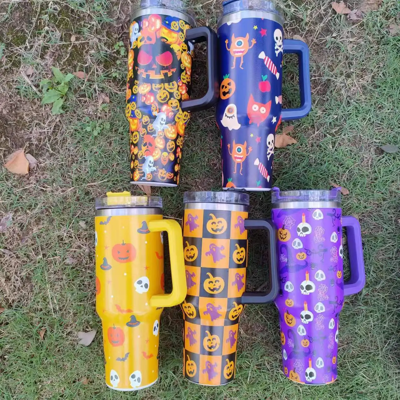40oz 5d print pumpkins spooky skulls stainless steel  tumbler halloween cups with straw