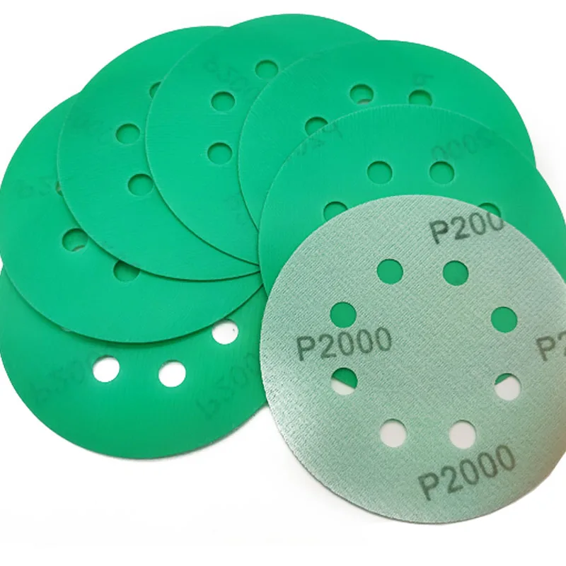 High Quality 5 Inch 8 Holes 125 mm Abrasive Sanding Disc Green Polyester Film Sandpaper for Sanding Backing Hook and Loop Pad