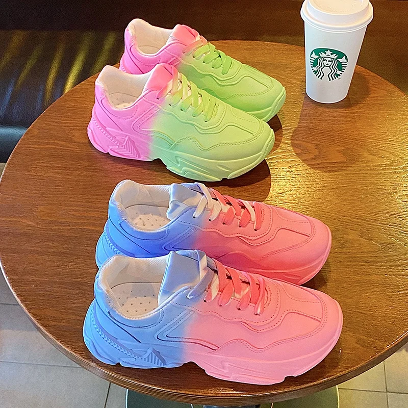 Women 5 CM Heel Chunky Shoes Large Size 35-41# Pink Color With Blue Or Green Color Block Shoes