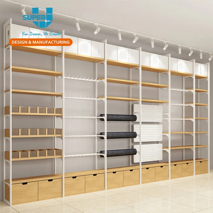 Store Equipment Decorative Customizable Wooden Wall Hanging Shelf Design Models Shelves for Shops with Drawer