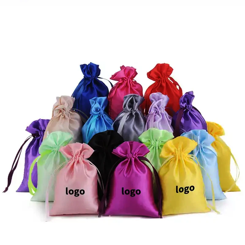 Top Quality Custom Print Logo Reusable Travel Portable Pouch Candy Color Silk Satin Cloth Drawstring Dust Jewelry Bag