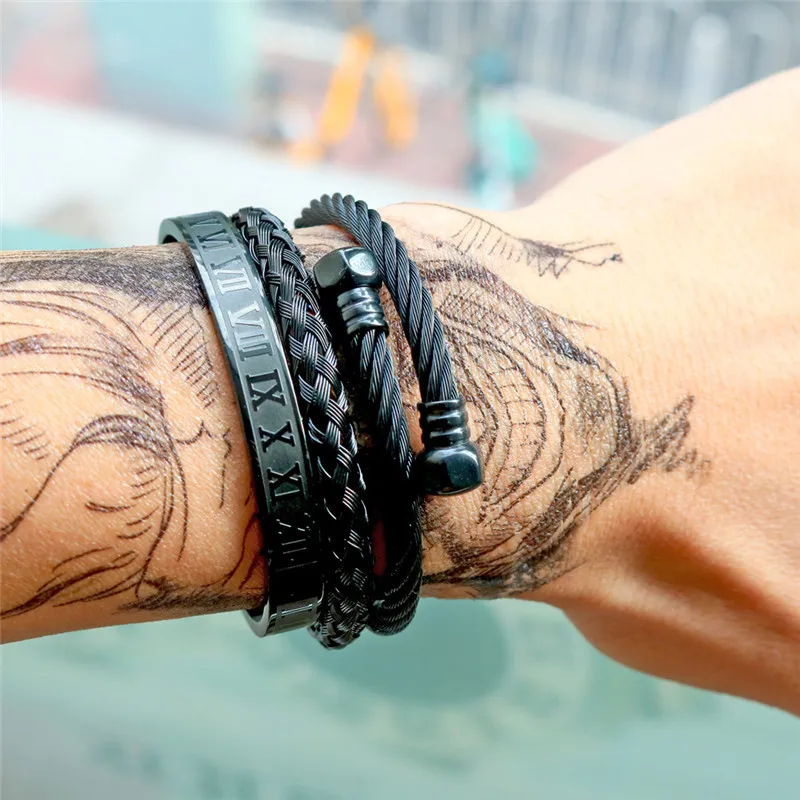 Stainless Steel Roman Numerals Cuff Bangles Set Adjustable Twist Bracelet Screw Nut Rome Gold Plating Titanium Steel Men Jewelry