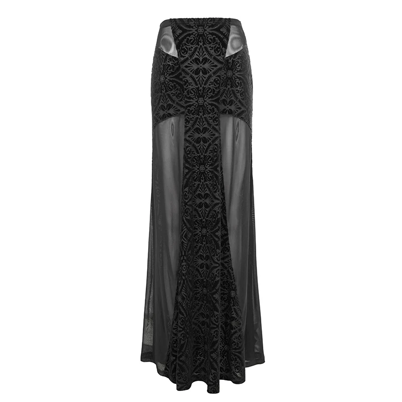 SKT068 Cross shape mesh spliced stretchy Gothic pattern sexy women velvet long half skirt