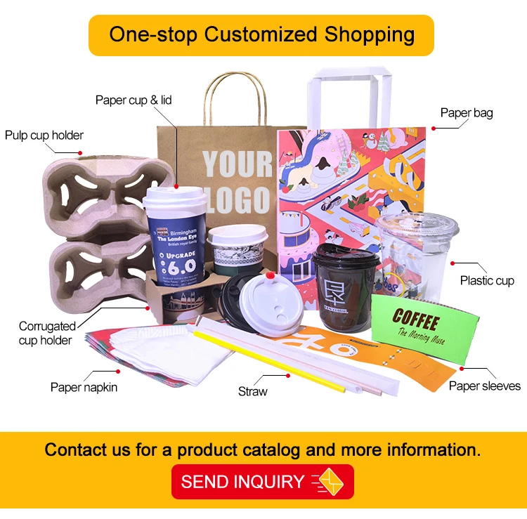 Custom Printed Recyclable Wholesale Kraft Paper Bag Coffee Cup Set Takeaway Food Packaging Paper Cups Paper Bags with Handle