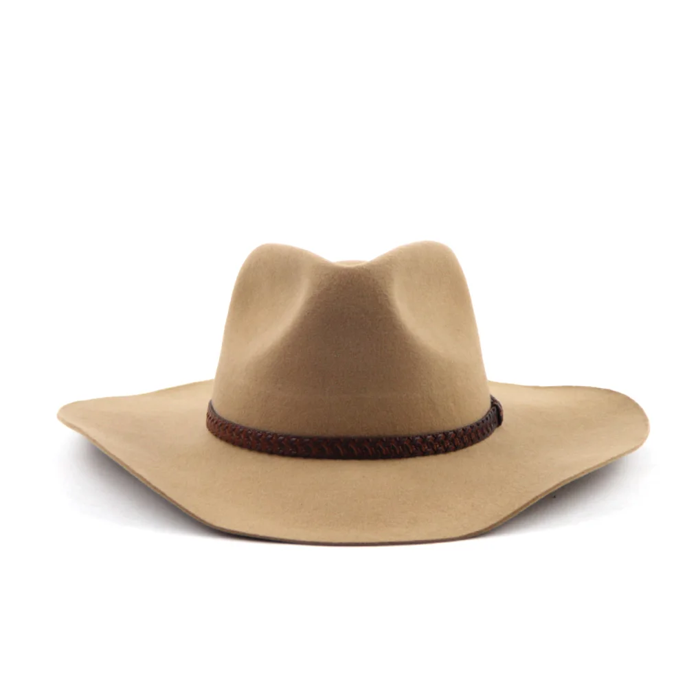LiHua Wholesale Unisex 100% Wool Felt Large Brim Cowboy Hat Men Customized Leather Cowboy Hats