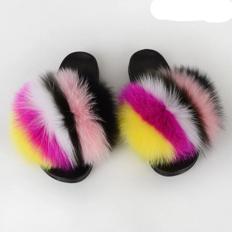 
Wholesale Customized Colors New style Slides Sandals Soft Fox and Raccoon Fur Flippers Women 