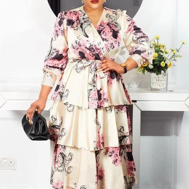 Latest floral chiffon long dress long sleeve soft ankle cake dress printed chiffon pleated dress