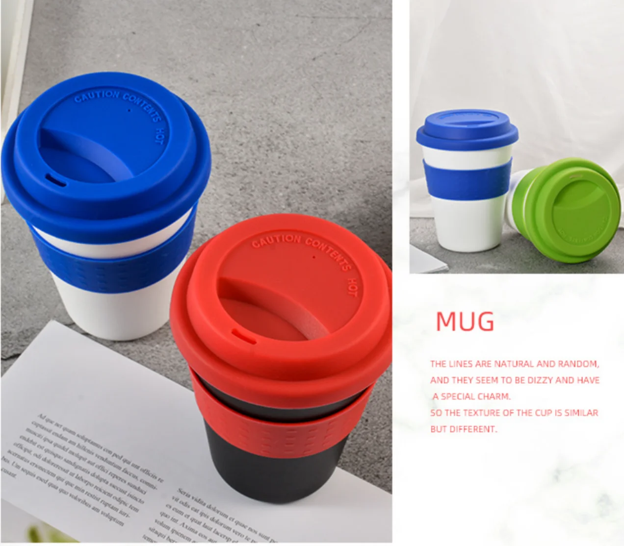 350ml Reusable Heat Insulated Plastic Travel Mugs Tea Coffee Travel Mug Cup with Non-slip Sleeve and Silicone Lid
