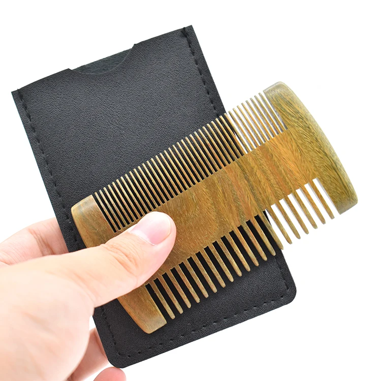 Handcrafted Fine Coarse Teeth Sandalwood Beard Comb Pocket Wood Comb with PU Leather Case