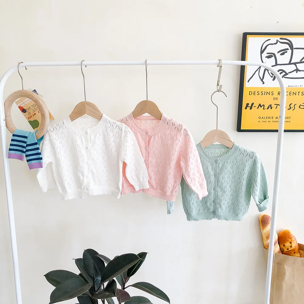 
Spring Summer New Sweet Princess Solid Color Newborn Baby Clothes Sweater Long Sleeve Knitted Hollow Coat 