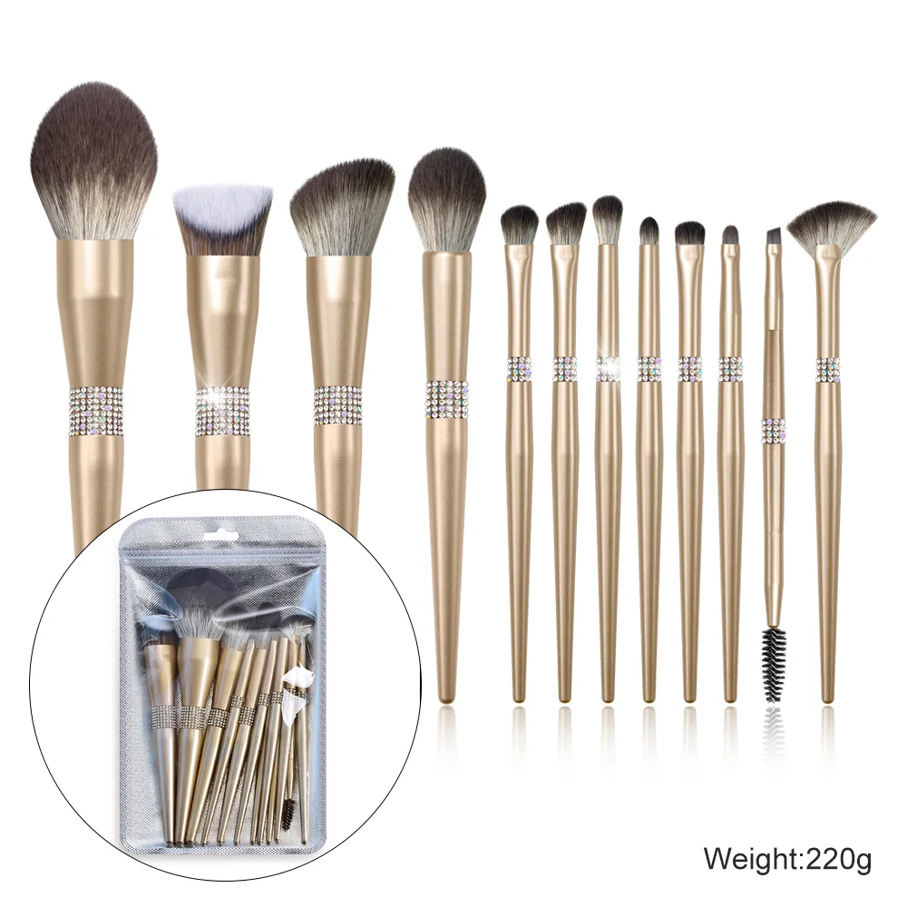 Makeup Tools Portable Champagne Gold Cosmetic Brush Set Professional Diamond Mekup Brush 12 Pcs Makeup Brush Set With Bag
