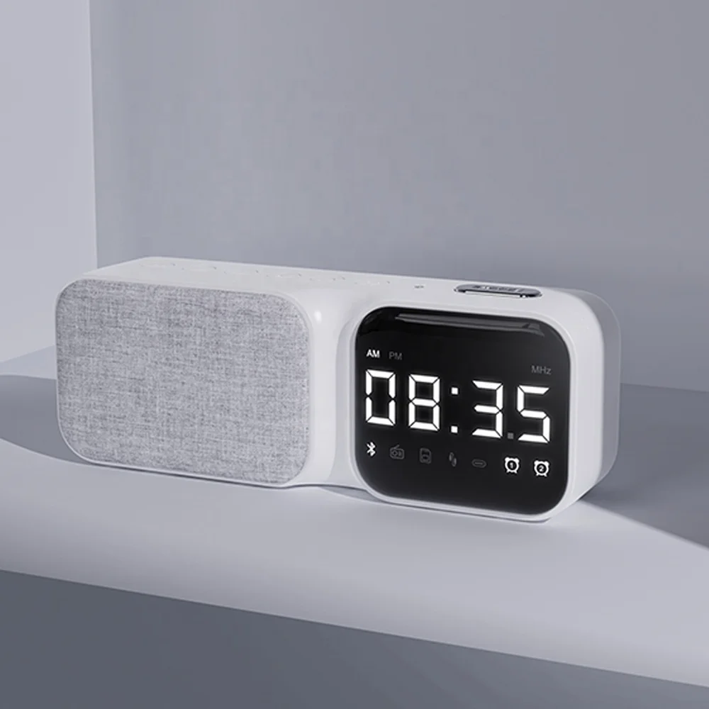Factory OEM Custom Multi-functional Wireless Charge Speaker Alarm Clock FM Radio LED Digital BT Smart Speaker