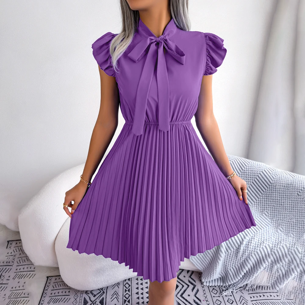2023 Новое Женское весенне-летнее элегантное платье со шнуровкой и высокой талией большие складки женское однотонное плиссированное с воротником-бантом