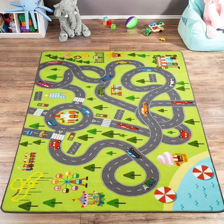 Educational Fun Polyester City Play Rug for Hot Wheels Track Racing Teens Kids Cushioned Exercise Mat for Outdoor Hallway Use