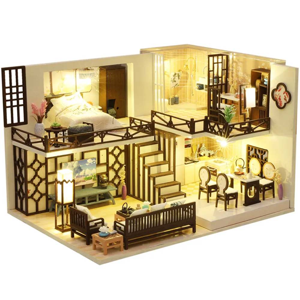 Cutebee Chinese Style Apartment Two Floor Doll House Furniture 1/24 with Led Light