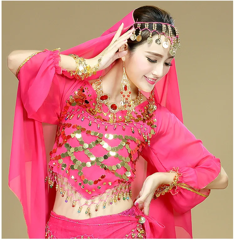 Long Sleeve Chiffon Crocheted Gold Sequins Blouses Top for Adult Lady belly dancing Performance Costumes