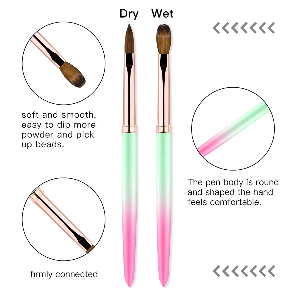 Hot Selling Superior Quality Germany Private Custom Label  Pink Green Gradient  Metal Kolinsky Nail Brushes Wholesale #8 to #18