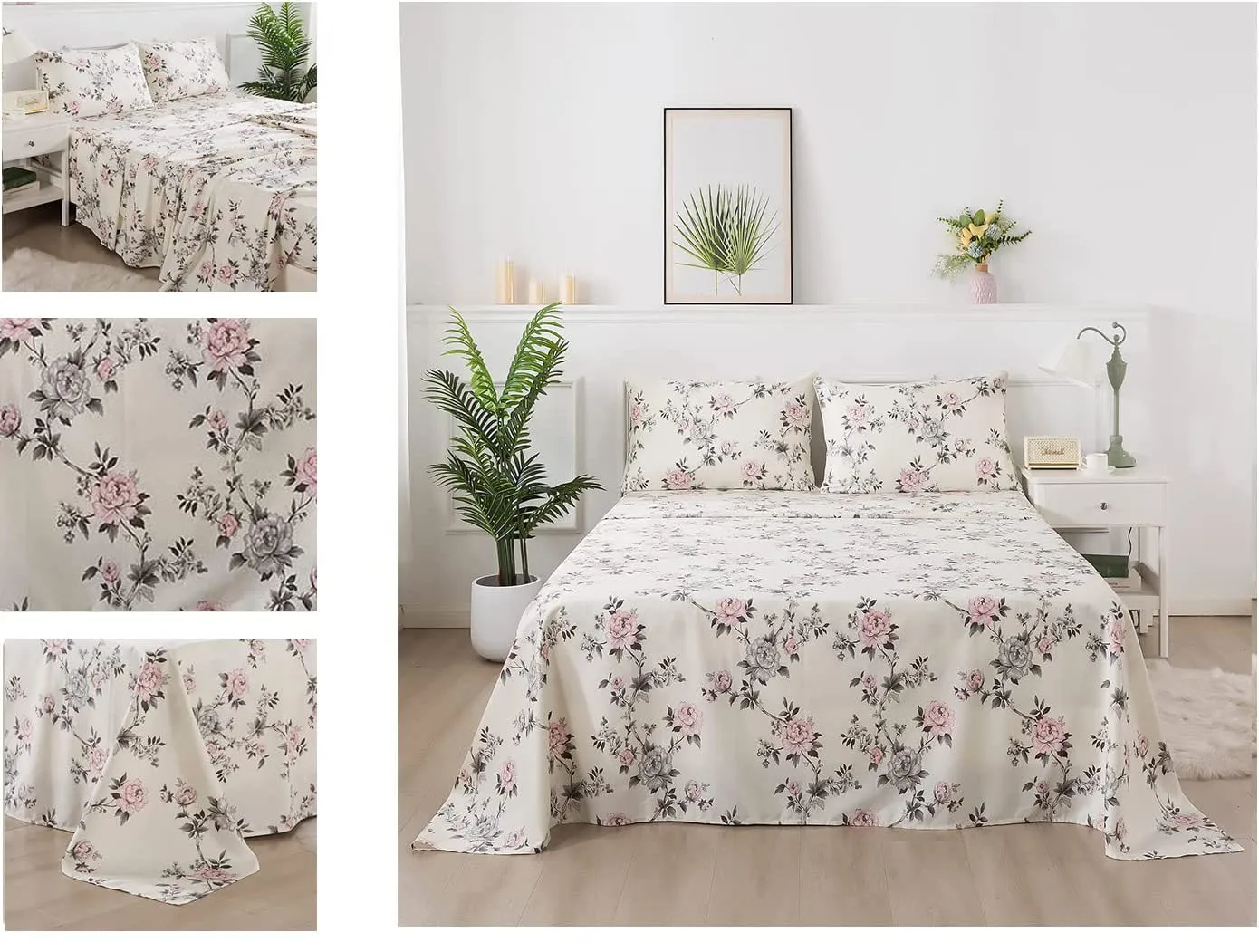 Egyptian Cotton Bedding Sets Luxury Bed Sheets Rose Floral Bedding Shabby Grey and Pink Peony Printed