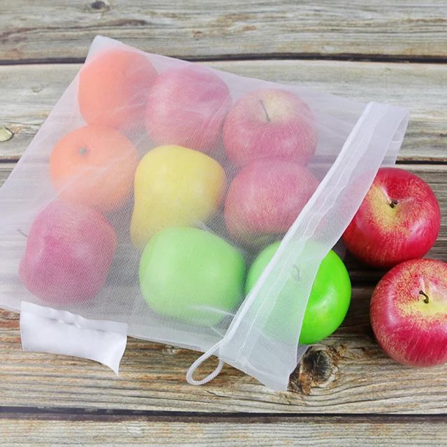 Custom Drawstring Reusable Produce Net Pouch Polyester White Vegetable Mesh Bags