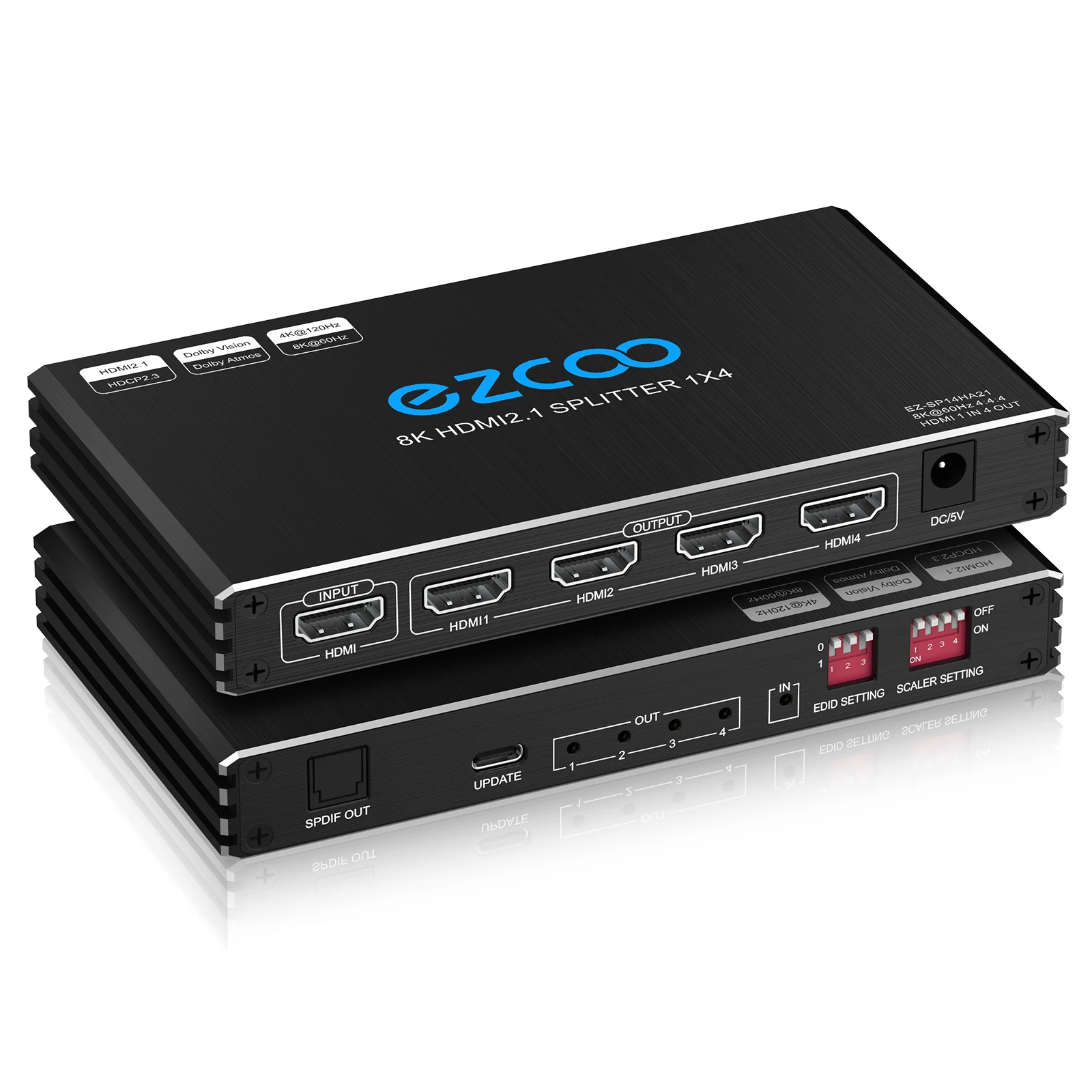 4K 120Hz HD-MI 2.1 Splitter 1X4 Audio Extractor VRR ALLM HDCP2.3 HDR10+CEC SPDIF Optical 5.1CH Audio EDID Scaler 4K 1 IN 4 OUT