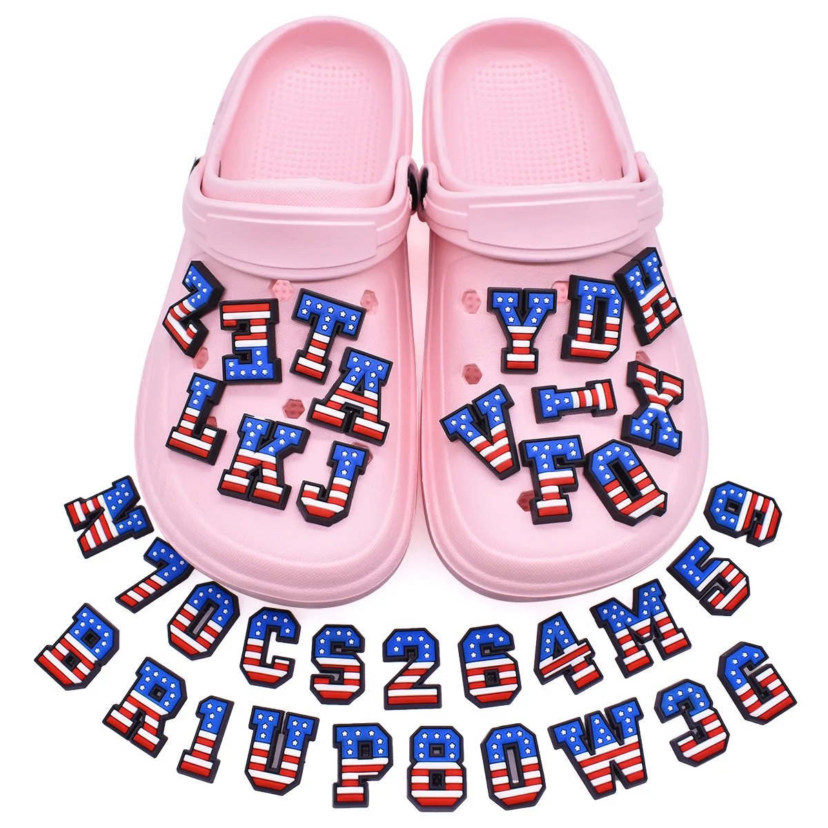 Sample custom flag color letters polyvinyl chloride shoe adornment hot selling DIY personalized removable cork adornment