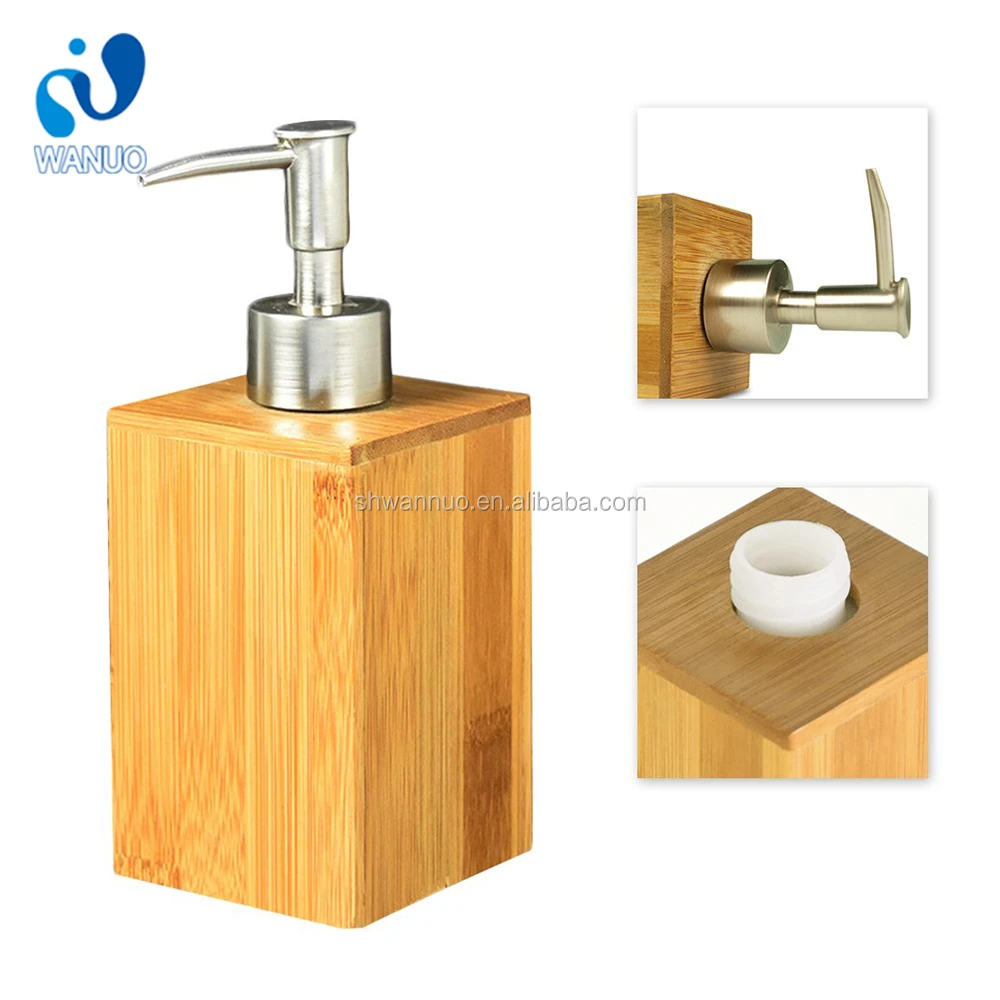 WanuoCraft Natural Wooden Square Bamboo Soap and Lotion Pump Dispenser for Kitchen or Bathroom Countertops