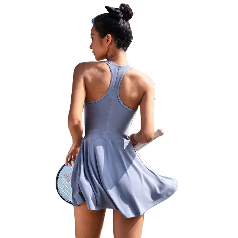 Summer 2022 women new white tennis dress with pocket tight shorts back I sharp beauty zipper sportswear uniform custom logo