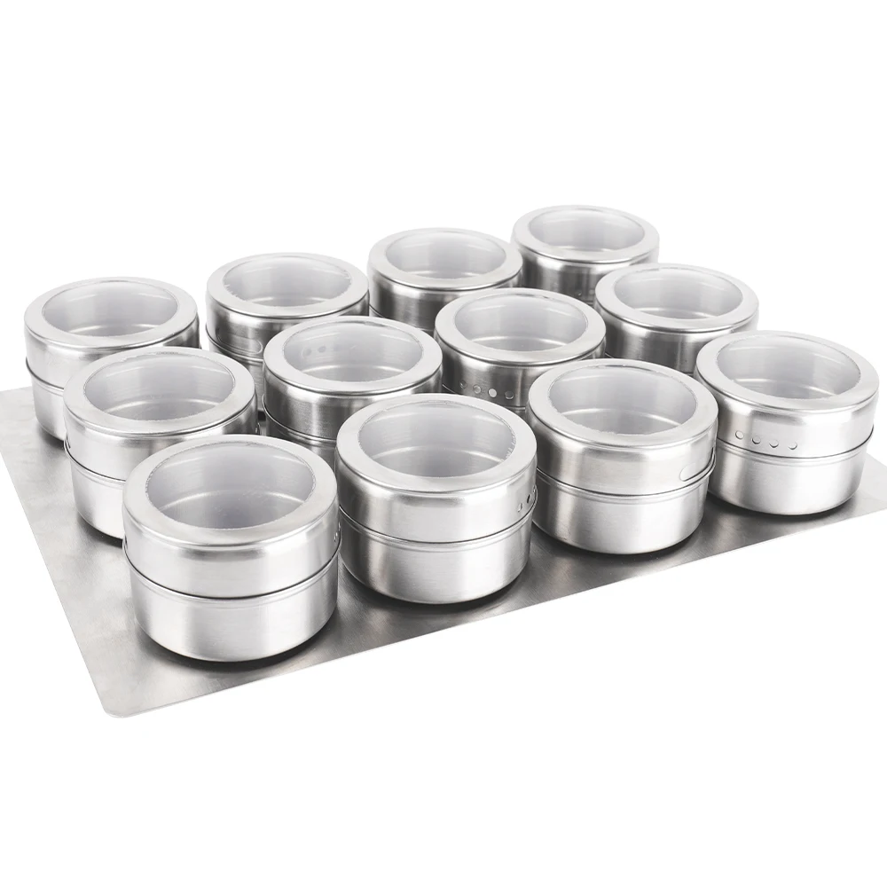 Kitchen 12 Magnetic Spice Tins Seasoning Can With Stickers Rack Visible Spice Jars Bottle Barbecue Grilling Pepper Storage Favor