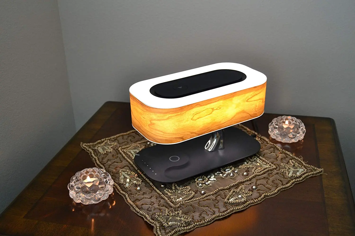 Декор дерево свет настольная лампа музыка Bluetooth динамик кровать Wi-Fi светодиодный мобильный телефон QI Беспроводная зарядка для дома