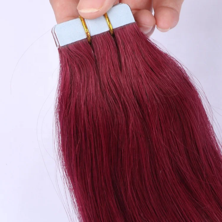 Wholesale 100% Remy Human Hair Tape Hair Extensions High Quality Cuticle Aligned Natural Virgin Tape Ins Hair Extension 99J Red