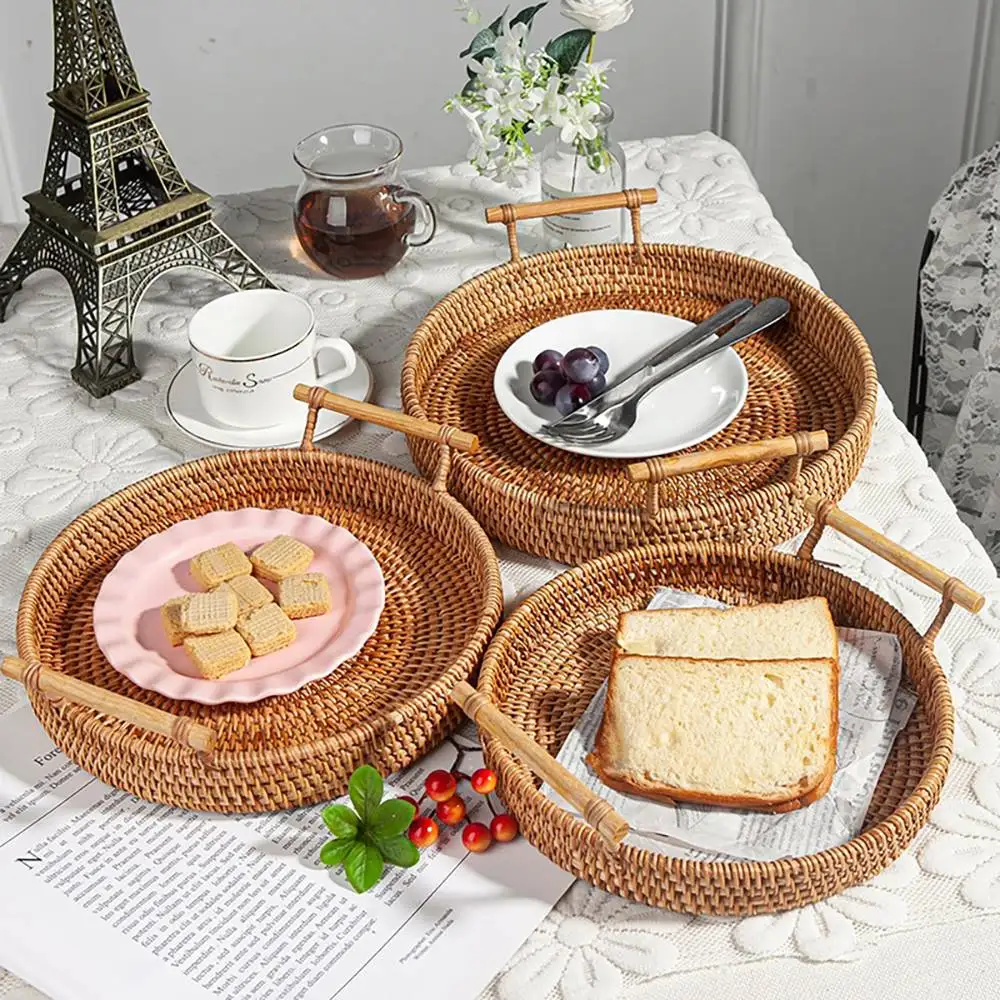 HSFT ECO Friendly Natural Rattan Serving dry fruit Tray handmade food storage rattan basket