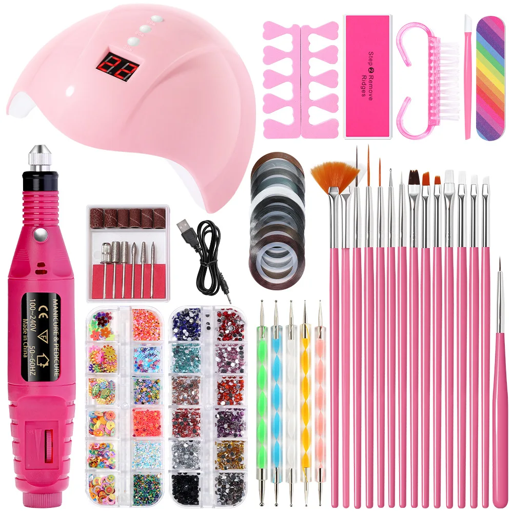Nail Manicure Set With Glitter Rhinestones Brushes Nail Drill Machine Nail Art DIY Set With UV lamp