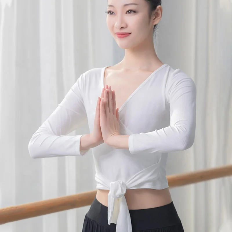 
Modern dance yoga costume Ice silk long sleeve V-neck lace-up dance tops 