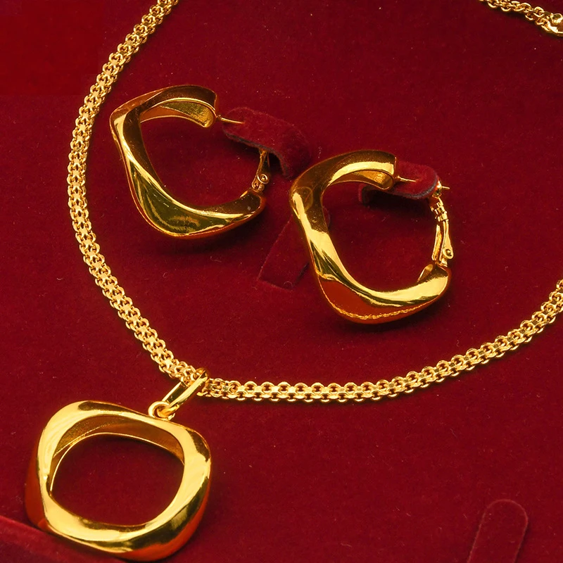 24K Gold Plated Two Pieces Copper Jewelry Set India Dubai Sand Gold Twisted Geometry Necklace Earrings Jewelry