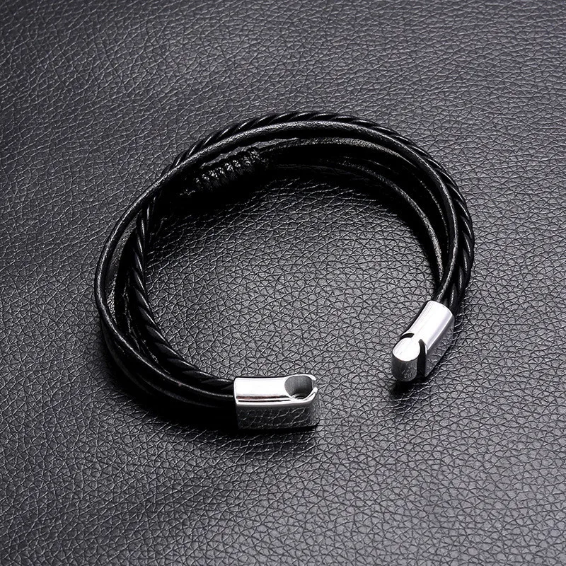 Wholesale Black Stainless Steel Magnetic  Handmade Genuine Wrap Bulk Titanium Woven Braided Multilayer Leather Bracelet for Men