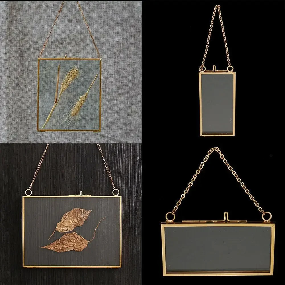 Antique Brass Hanging Picture Glass Metal Frame Vintage Holder Hanging Photo Frames for Dried Flower Home Decor