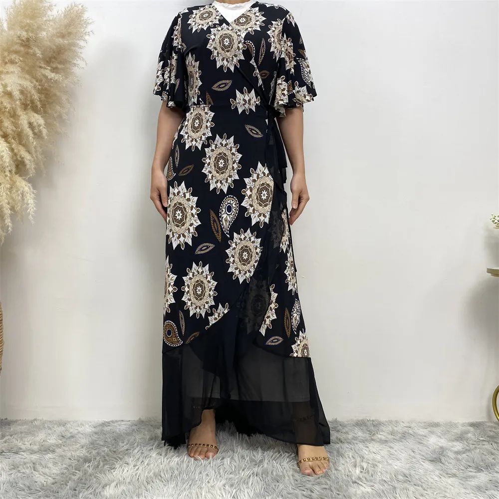 Fashion Lace Up Design Pretty Flowers Print Short Sleeves Splice Chiffon Bottom Women Summer Open Abaya