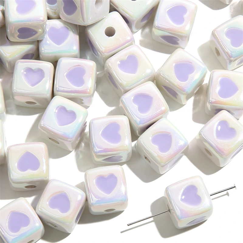 Factory Wholesale 12mm Cute Square Acrylic Colorful Heart Beads Loose UV Cube Beaded For DIY Jewelry Bracelet Phone Chain Making