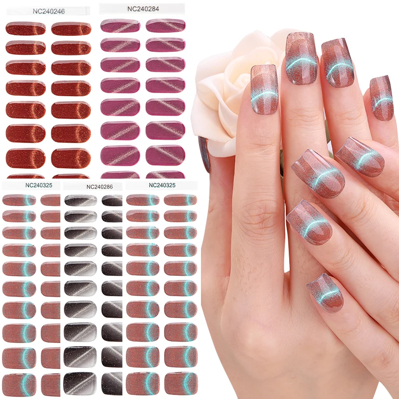 2024 new products Uv varnishing dynamic shiny cat eyes design pure color full cover semi-cured nail gel strips