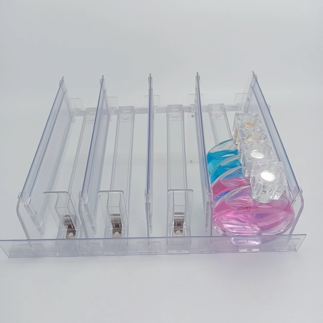 Manufacturer Adjustable acrylic automatic plastic drink can tray retail spring loaded cigarette shelf pusher system for bottle (1600598816113)