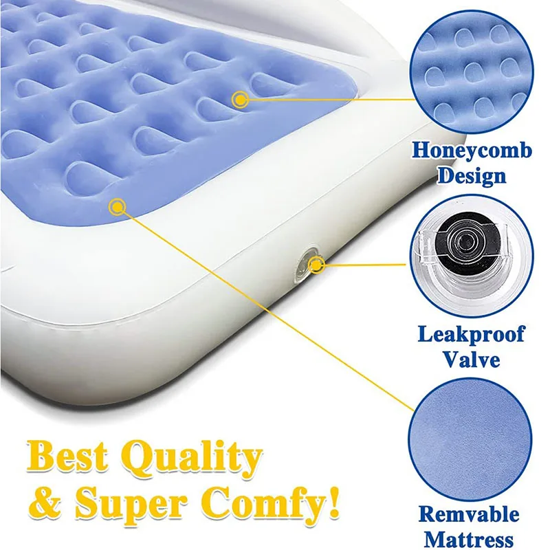 Inflatable Kids Travel Bed Toddler Air Mattress Set - Portable Blow Up Mattress Sleeping Bed Cot with Security Bed Rails and Ele