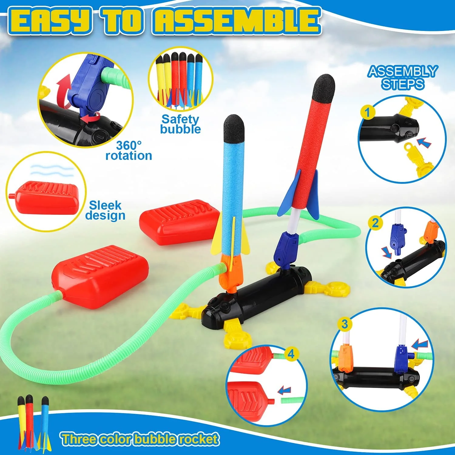 Rocket Launcher for Kids Stomp Toy with 6 Foam Rockets and 2 Launchers, Air Rocket Launcher Up to 100 Feet for Outdoor Dueling