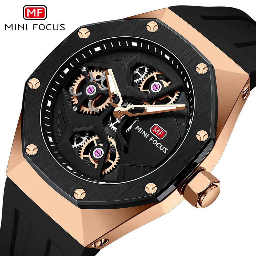 Mini Focus MF0422G Wholesale Blue Gents Quartz Watch Stylish Silicone Band Water Proof Skeleton Vintage Casual Wrist Watch