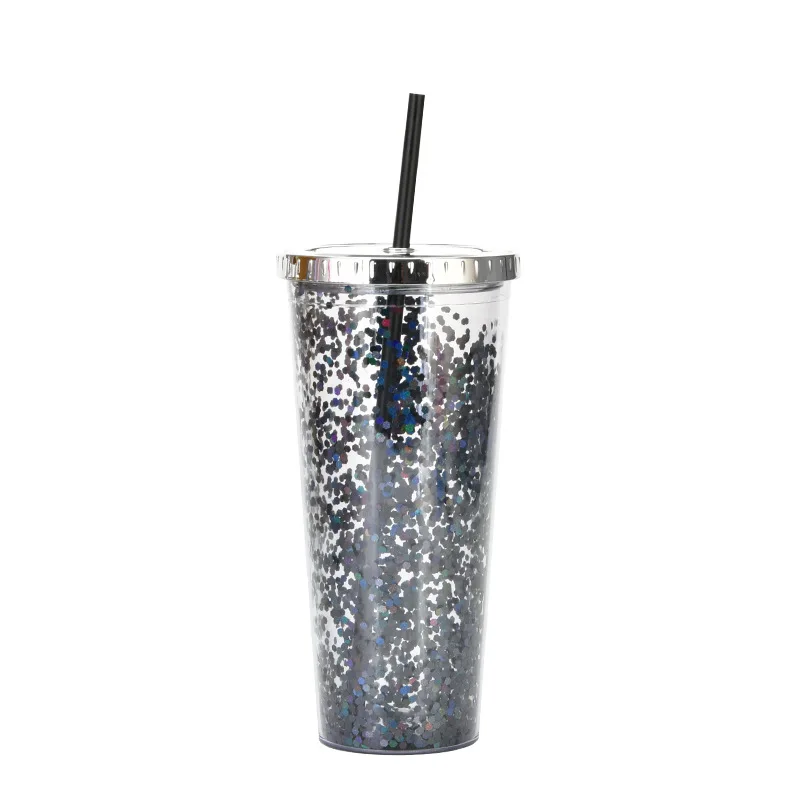 2022 new 24oz straw cup glitter water cup cold drink cup 20oz skinny tumbler clear double wall plastic with plating cover