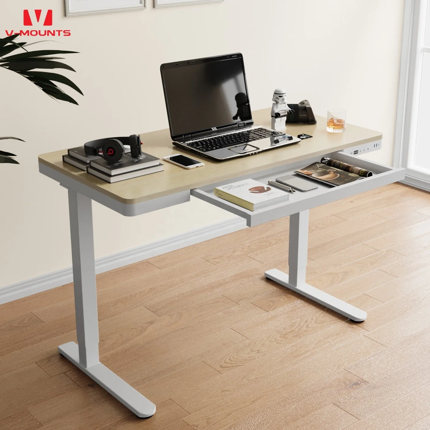 V-mounts office executive desk adjustable height electric desk with Quick Charge Interfaces VM-JSD5-01-W