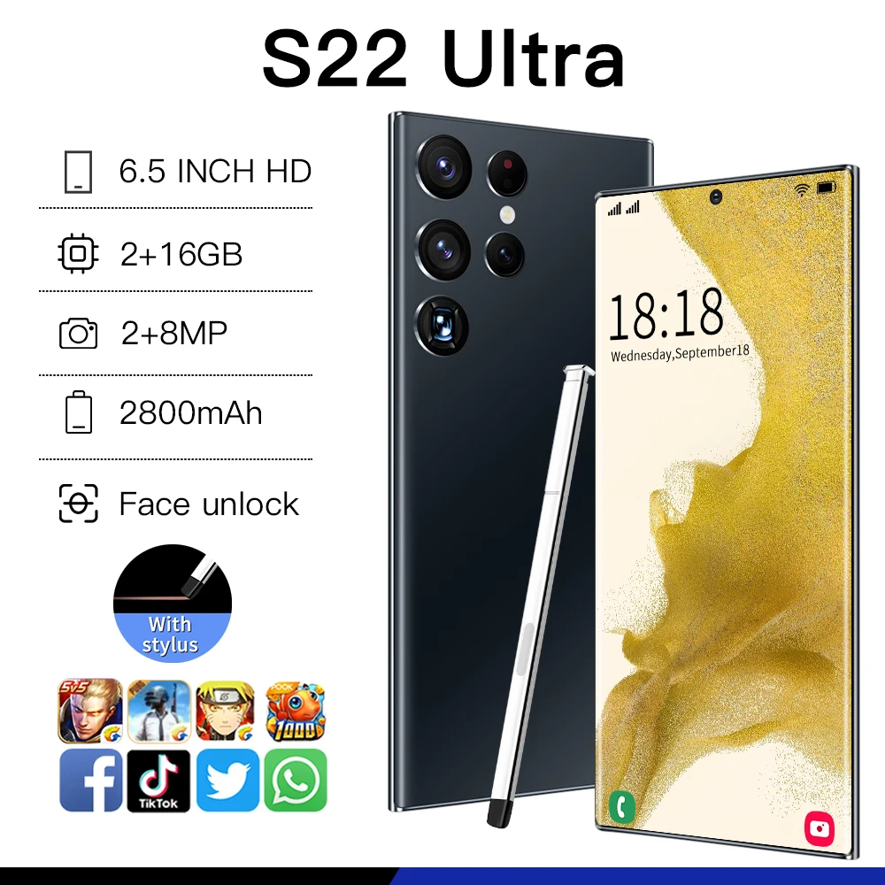 Smartphone S22 Ultra 3G 6.5 inch MTK6580P Full Screen 2GB+16GB Android Mobile Phones With Face ID Original Unlocked Cell Phone