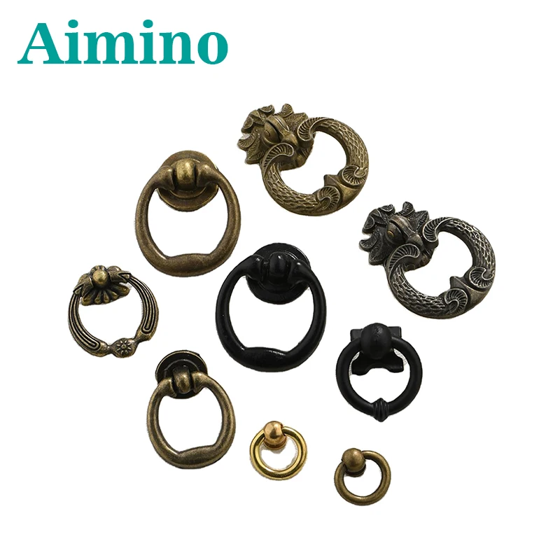 AIMINO Vintage Zinc Alloy Door Handle Kitchen Cabinet Handles Copper Pull Ring Round Handle And Knob for Wardrobe