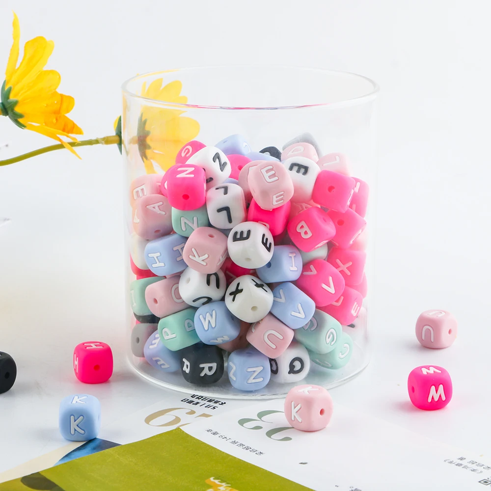 12mm Square Cube Shape Alphabet letter Soft Chew Bead Baby Silicone Teething Beads For Pen Keychain Necklace Jewelry Making