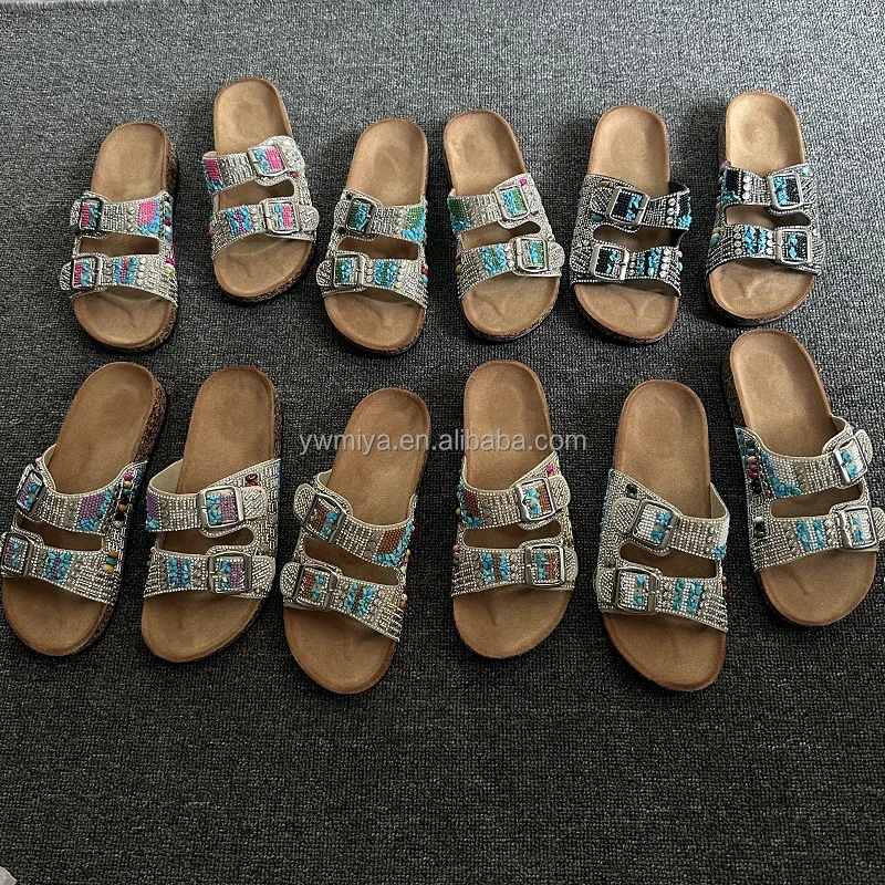 2024 OEM Customized logo Bohemia Cork Sandals Beaded Double Cross Strap Buckle Open Toe Flat Beach Sandals Slipper Ladies